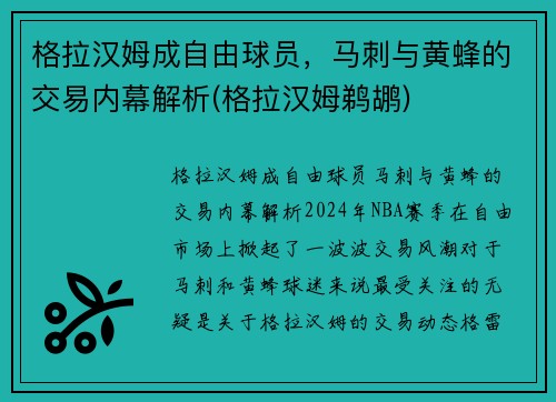 格拉汉姆成自由球员，马刺与黄蜂的交易内幕解析(格拉汉姆鹈鹕)