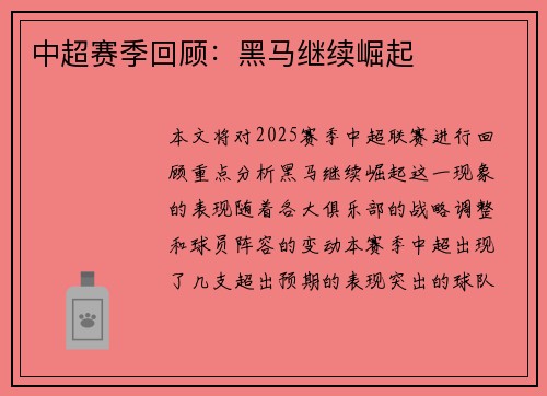 中超赛季回顾：黑马继续崛起